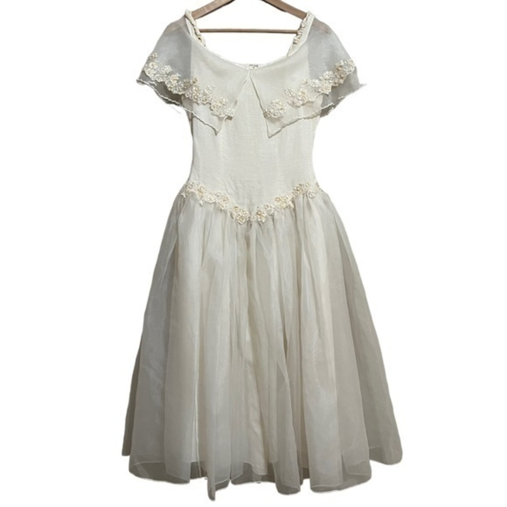 Vintage Beaded Sequin Detail Linen Chiffon Wedding Dress Size 6